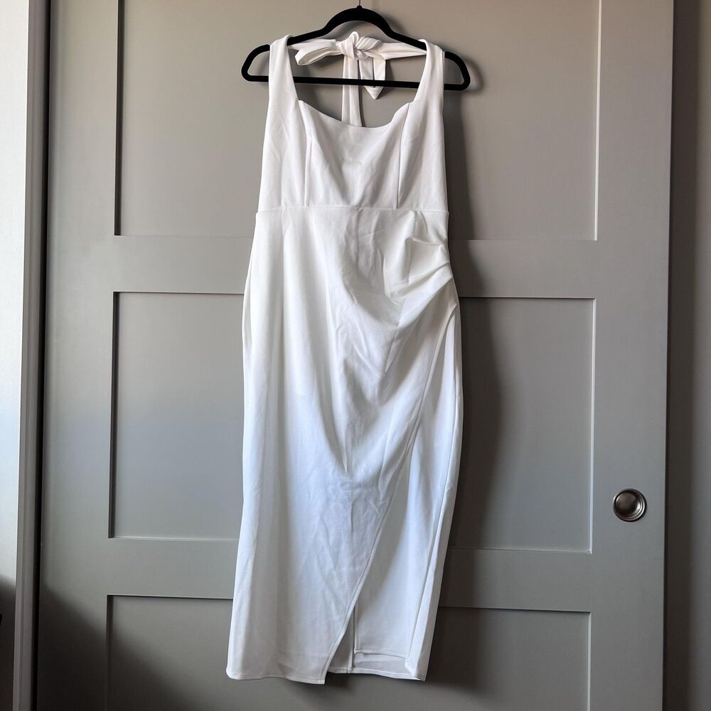 Selfie Leslie‎ Dress Womens XXL White Tie Back Midi Ruched Front Slit Bodycon